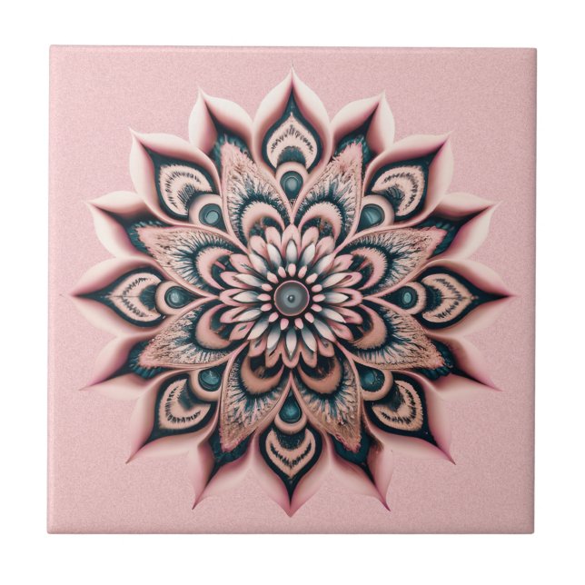 Boho Chic Blush Pink Flower Mandala with Dark Teal Ceramic Tile (Front)