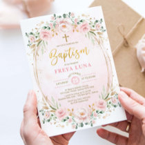 Boho Chic Blush Pink Gold Floral Girl Baptism Invitation