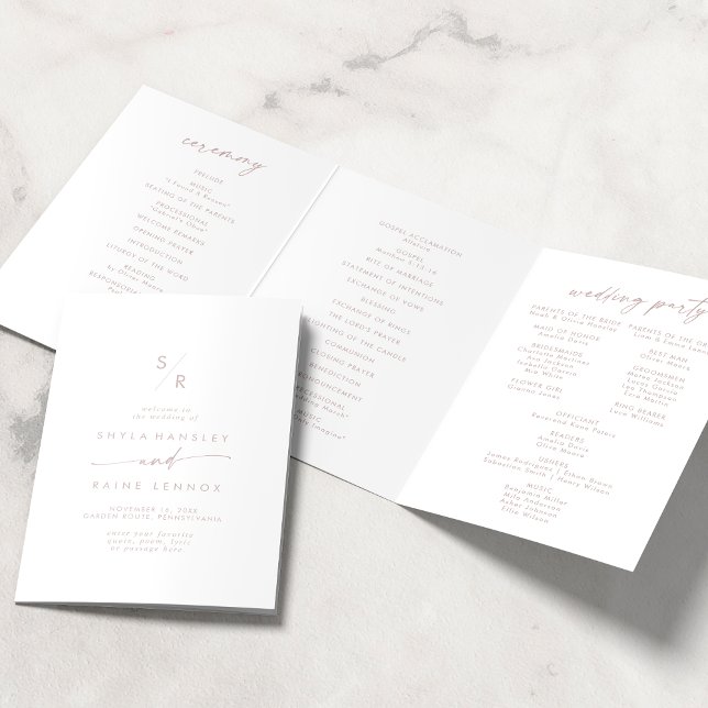 Boho Chic Blush Pink Monogram Wedding Tri-Fold Program (Creator Uploaded)