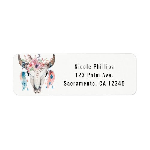 Boho Chic Bohemian Feathers  Cow Skull Invitation Label