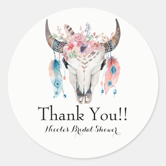 Boho Chic Bohemian Feathers & Cow Skull Party Classic Round Sticker (Front)