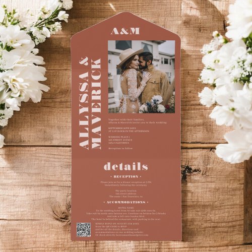 Boho chic Bold simple terracotta photo wedding All In One Invitation