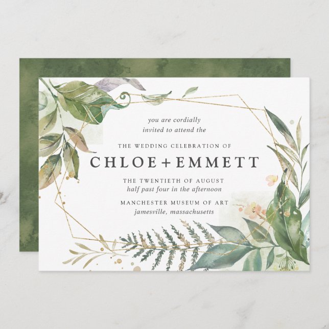 Boho Chic Botanical Gold Geometric Wedding Invitation (Front/Back)