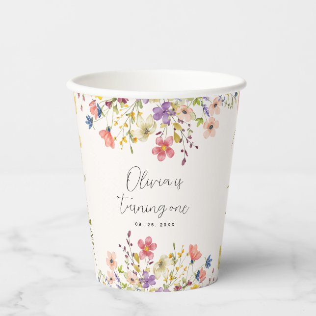 Boho Chic Botanical Wildflower First Birthday Paper Cups (Front)