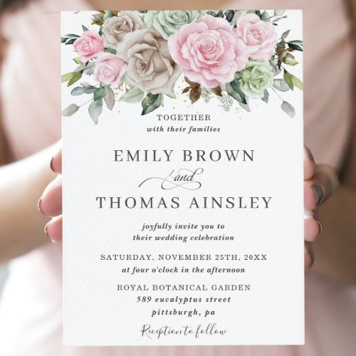 Boho Chic Brown Pink Sage Green Floral Wedding Invitation