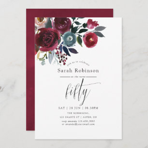Boho Chic Burgundy and Navy 50th Birthday Party Invitation