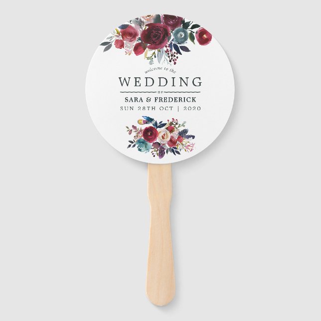 Boho Chic Burgundy and Navy Autumn Fall Wedding Hand Fan (Front)