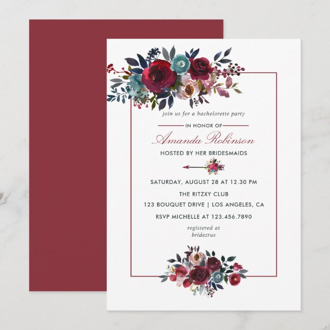 Boho Chic Burgundy and Navy Autumn Fall Wedding Invitation (Front/Back)