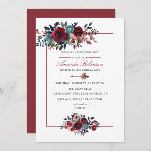 Boho Chic Burgundy and Navy Autumn Fall Wedding Invitation