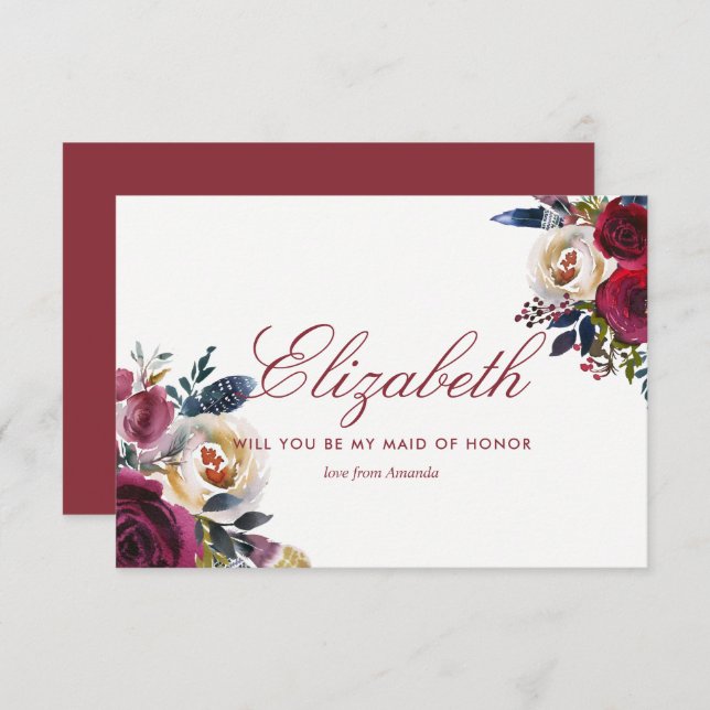 Boho Chic Burgundy and Navy Autumn Fall Wedding Invitation (Front/Back)