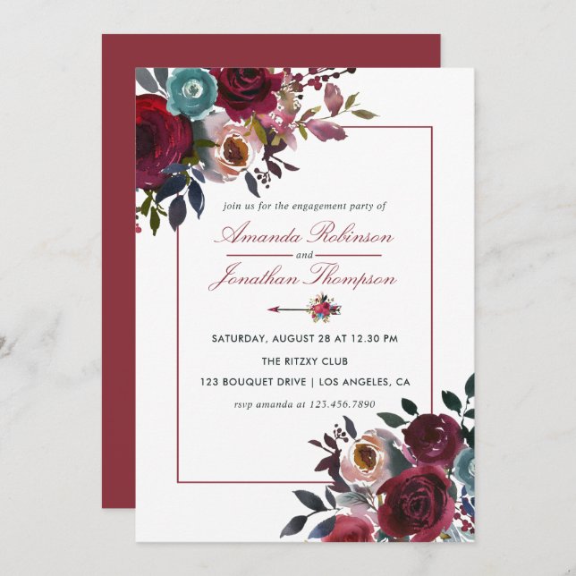 Boho Chic Burgundy and Navy Autumn Fall Wedding Invitation (Front/Back)
