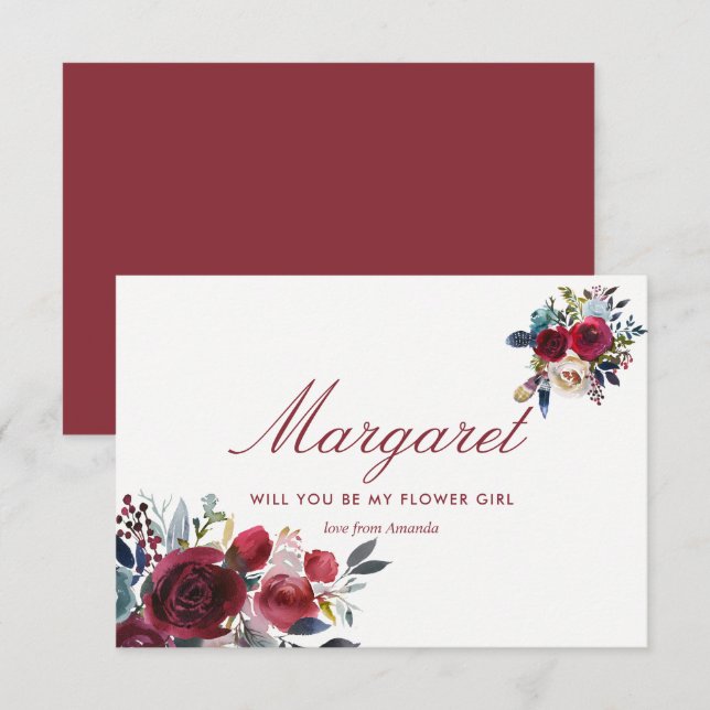 Boho Chic Burgundy and Navy Autumn Fall Wedding Invitation (Front/Back)