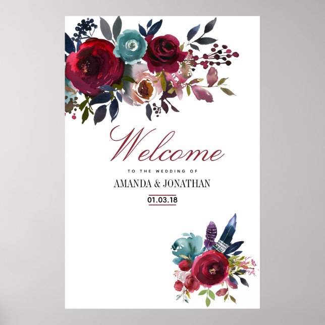 Boho Chic Burgundy and Navy Autumn Fall Wedding Poster (Front)