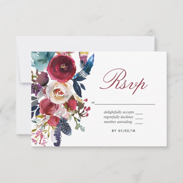 Boho Chic Burgundy and Navy Autumn Fall Wedding RSVP Card (Front)