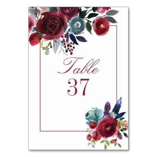 Boho Chic Burgundy and Navy Autumn Fall Wedding Table Number
