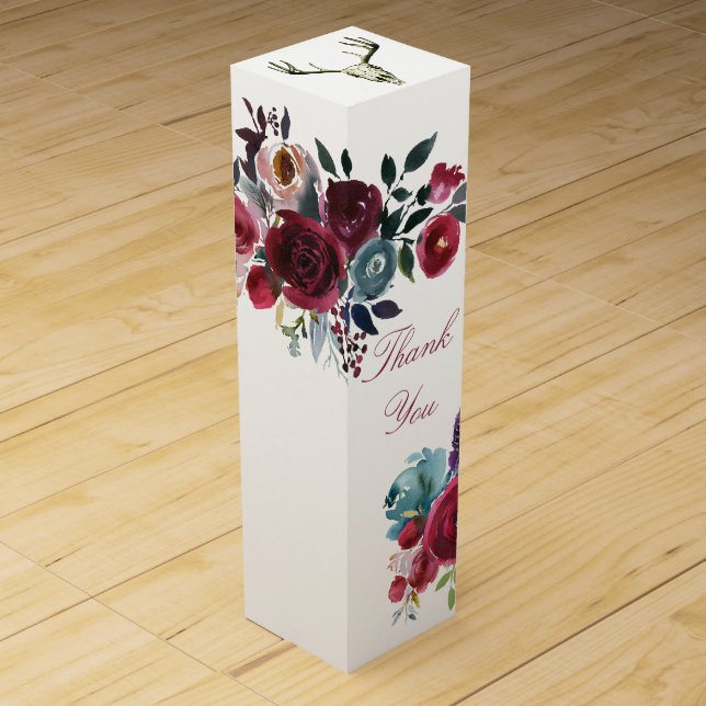 Boho Chic Burgundy and Navy Autumn Fall Wedding Wine Box (Front)