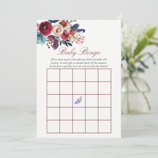 Boho chic burgundy and navy Baby Bingo (Standing Front)