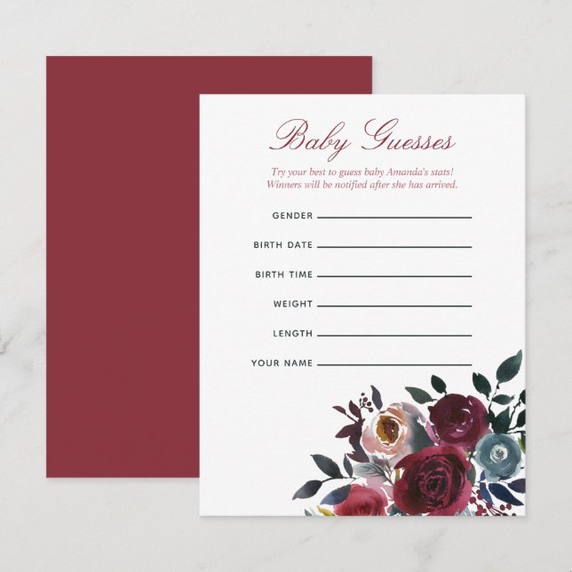 Boho chic burgundy and navy Baby Shower Guessing Invitation (Front/Back)