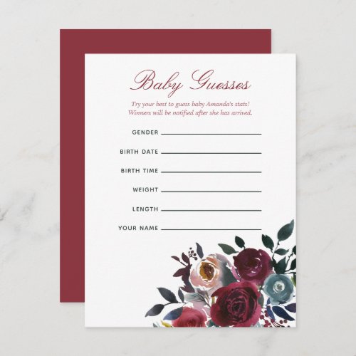 Boho chic burgundy and navy Baby Shower Guessing Invitation