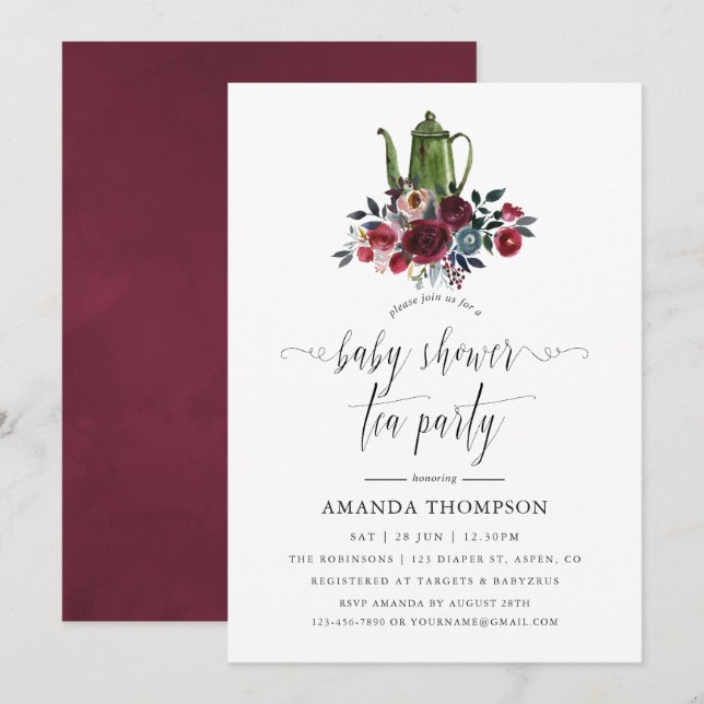 Boho Chic Burgundy and Navy Baby Shower Tea Party Invitation (Front/Back)