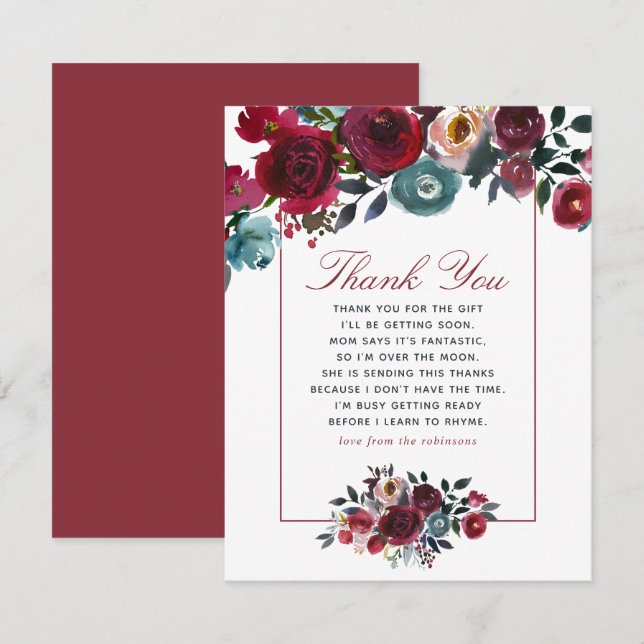 Boho chic burgundy and navy Baby Shower Thanks Invitation (Front/Back)