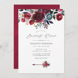 Boho Chic Burgundy and Navy Bachelorette Weekend Invitation