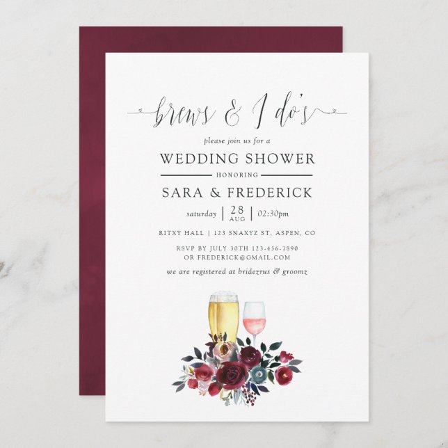 Boho Chic Burgundy and Navy Brews Before The I Dos Invitation (Front/Back)