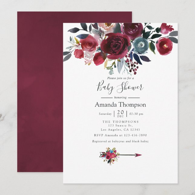 Boho Chic Burgundy and Navy floral Baby Shower Invitation (Front/Back)