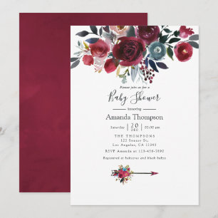 Boho Chic Burgundy and Navy floral Baby Shower Invitation