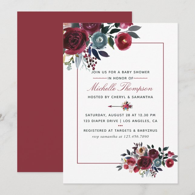 Boho Chic burgundy and navy floral Baby Shower Invitation (Front/Back)