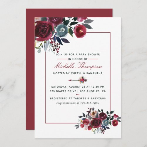 Boho Chic burgundy and navy floral Baby Shower Invitation