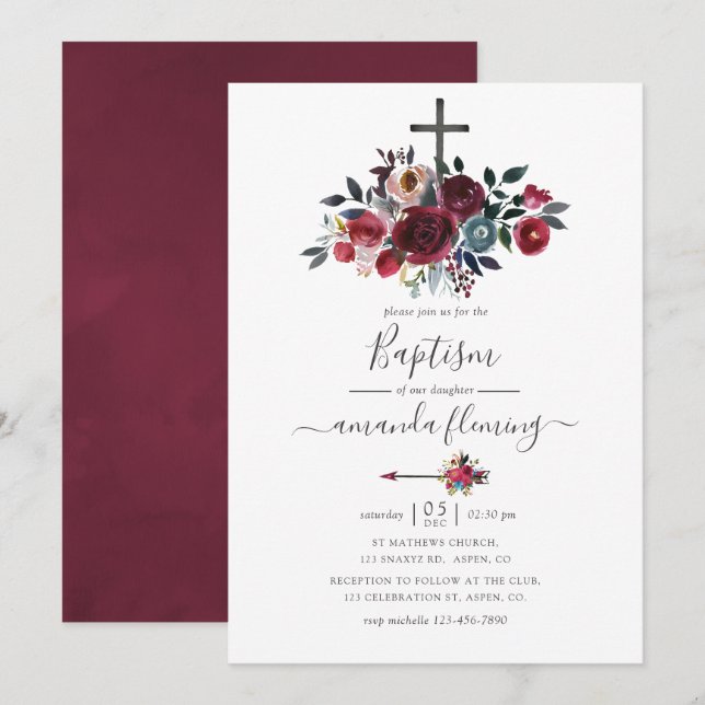 Boho Chic Burgundy and Navy Floral Baptism Invitation (Front/Back)