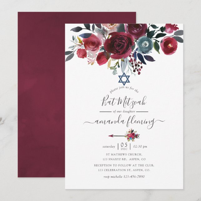 Boho Chic Burgundy and Navy Floral Bat Mitzvah Invitation (Front/Back)
