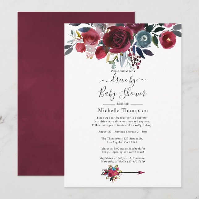 Boho Chic Burgundy and Navy Floral Drive By Shower Invitation (Front/Back)