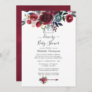 Boho Chic Burgundy and Navy Floral Drive By Shower Invitation