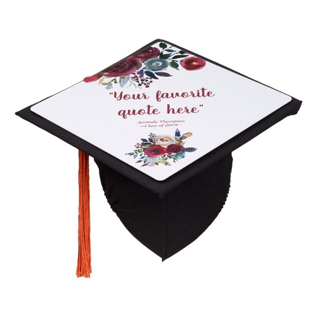 Boho Chic burgundy and navy floral personalized Graduation Cap Topper (Angled)