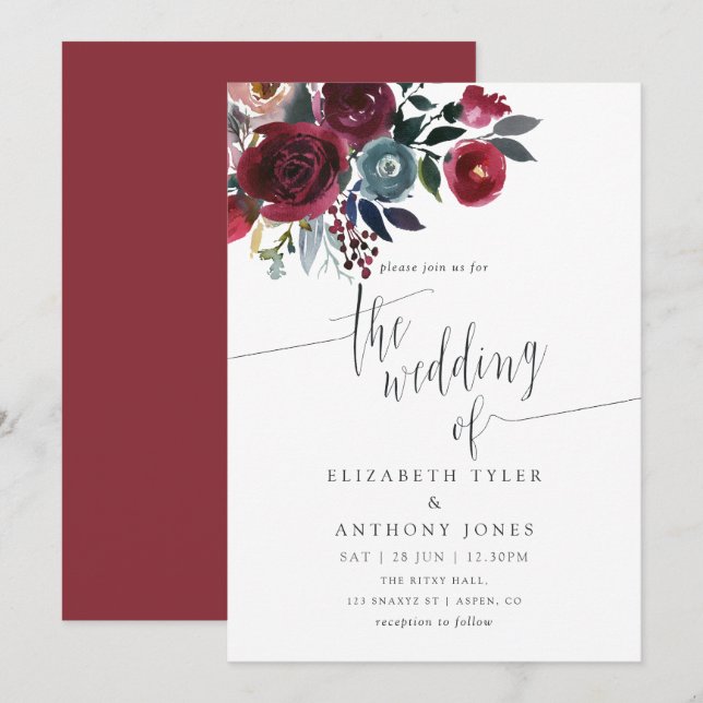 Boho Chic Burgundy and Navy floral Wedding invite (Front/Back)