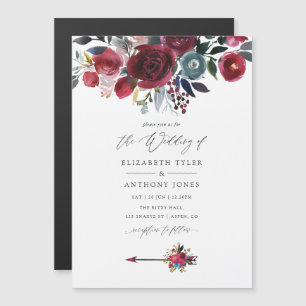 Boho Chic Burgundy and Navy floral Wedding Magnetic Invitation