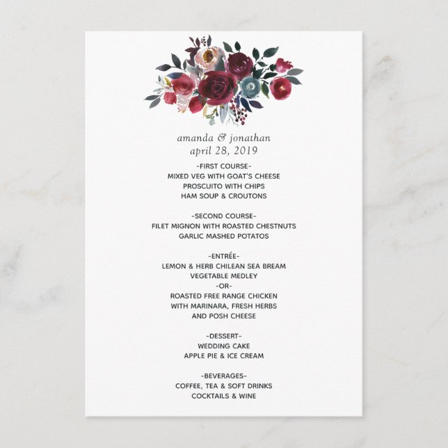 Boho Chic Burgundy and Navy floral Wedding Menu (Front)