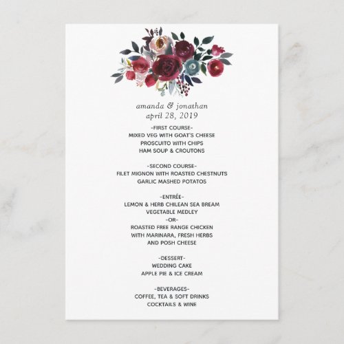 Boho Chic Burgundy and Navy floral Wedding Menu