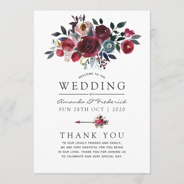 Boho Chic Burgundy and Navy floral Wedding Program (Front)