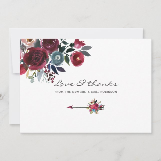 Boho Chic Burgundy and Navy floral Wedding Thank You Card (Front)