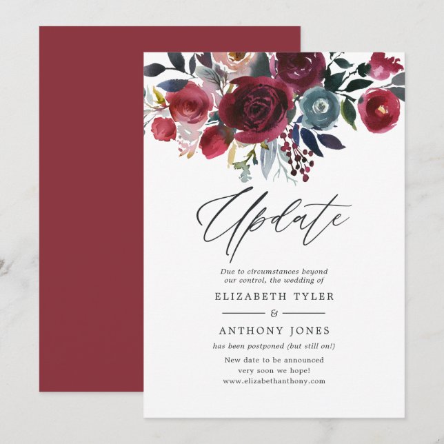Boho Chic Burgundy and Navy floral Wedding Update Invitation (Front/Back)