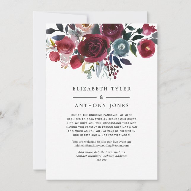 Boho Chic Burgundy and Navy Reduced Guest List Announcement (Front)