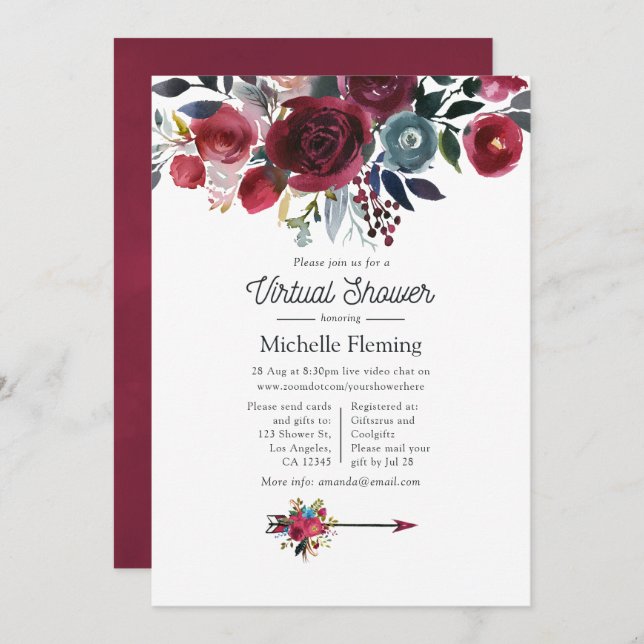 Boho Chic Burgundy and Navy Virtual Baby Shower Invitation (Front/Back)