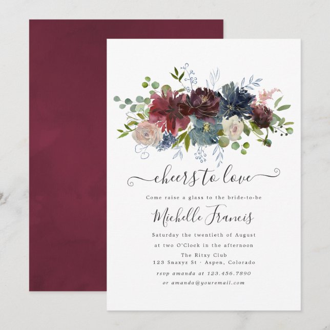 Boho Chic Burgundy and Navy Wine Tasting Invitatio Invitation (Front/Back)