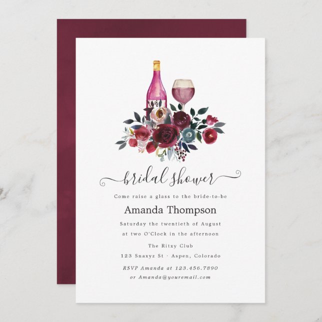 Boho Chic Burgundy and Navy Wine Tasting Invitation (Front/Back)