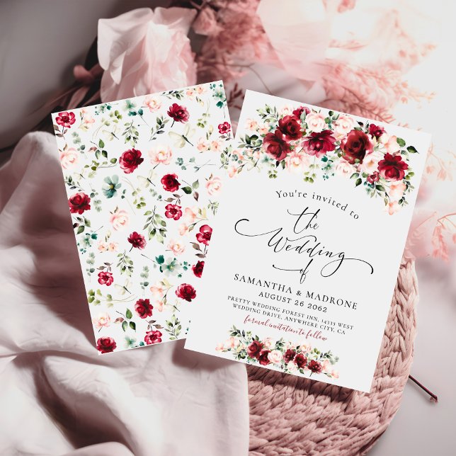 Boho Chic Burgundy Blush Roses Greenery Wedding Invitation (Creator Uploaded)