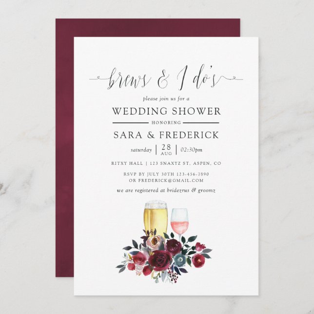 Boho Chic Burgundy & Navy Brews Before The I Do's Invitation (Front/Back)