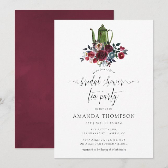 Boho Chic Burgundy & Navy Bridal Shower Tea Party Invitation (Front/Back)